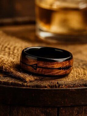 Ring-Shot to the Heart-Whiskey Barrel Oak Black Arrow Design Tungsten Carbide